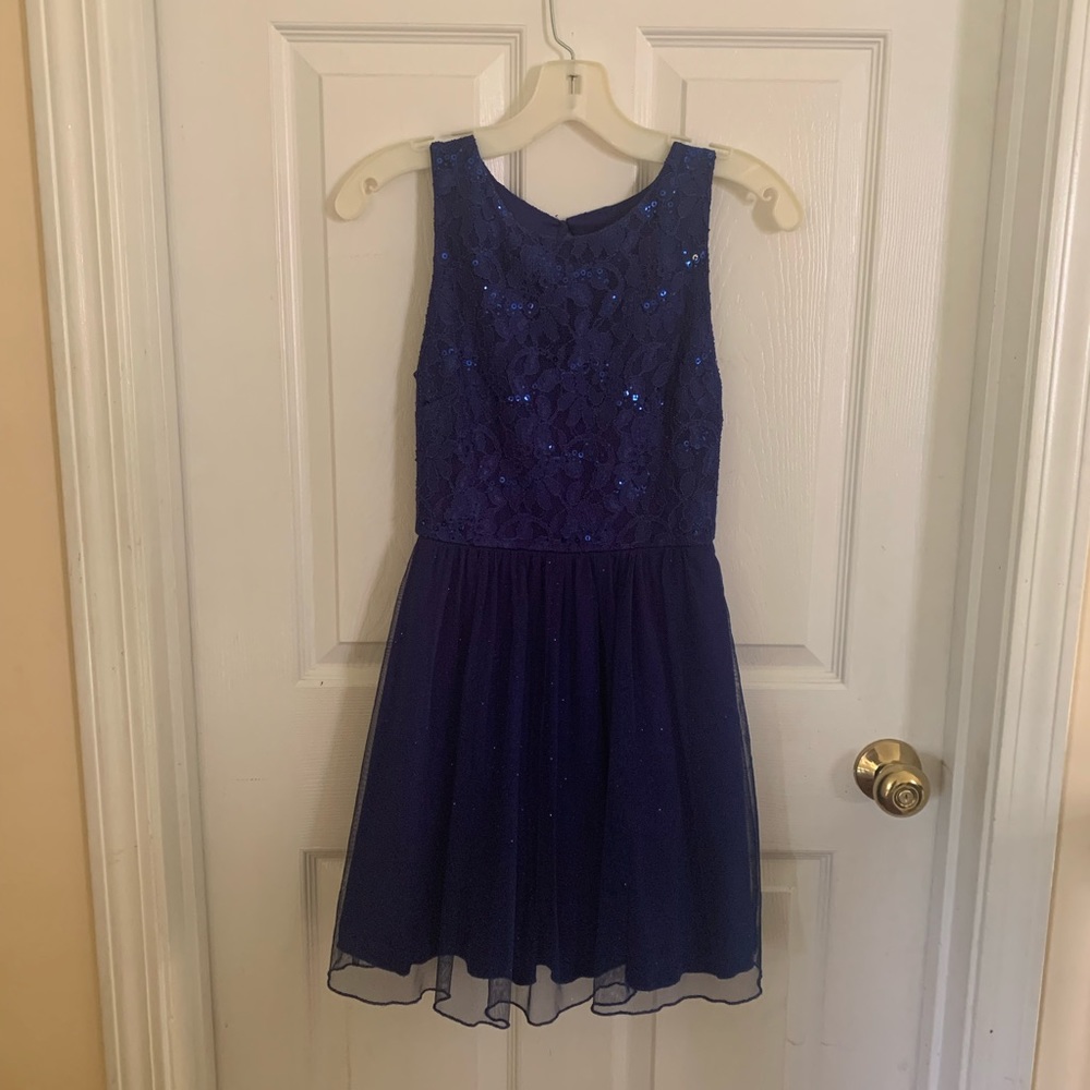 Royal blue cocktail dress. Junior’s size 1. Can  also fit girl’s 14-16